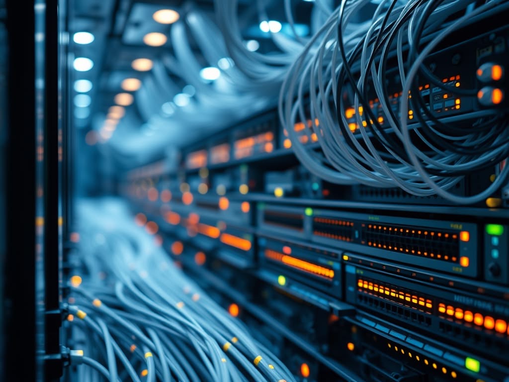 Equipment row of network switches with structured cabling and glowing status lights