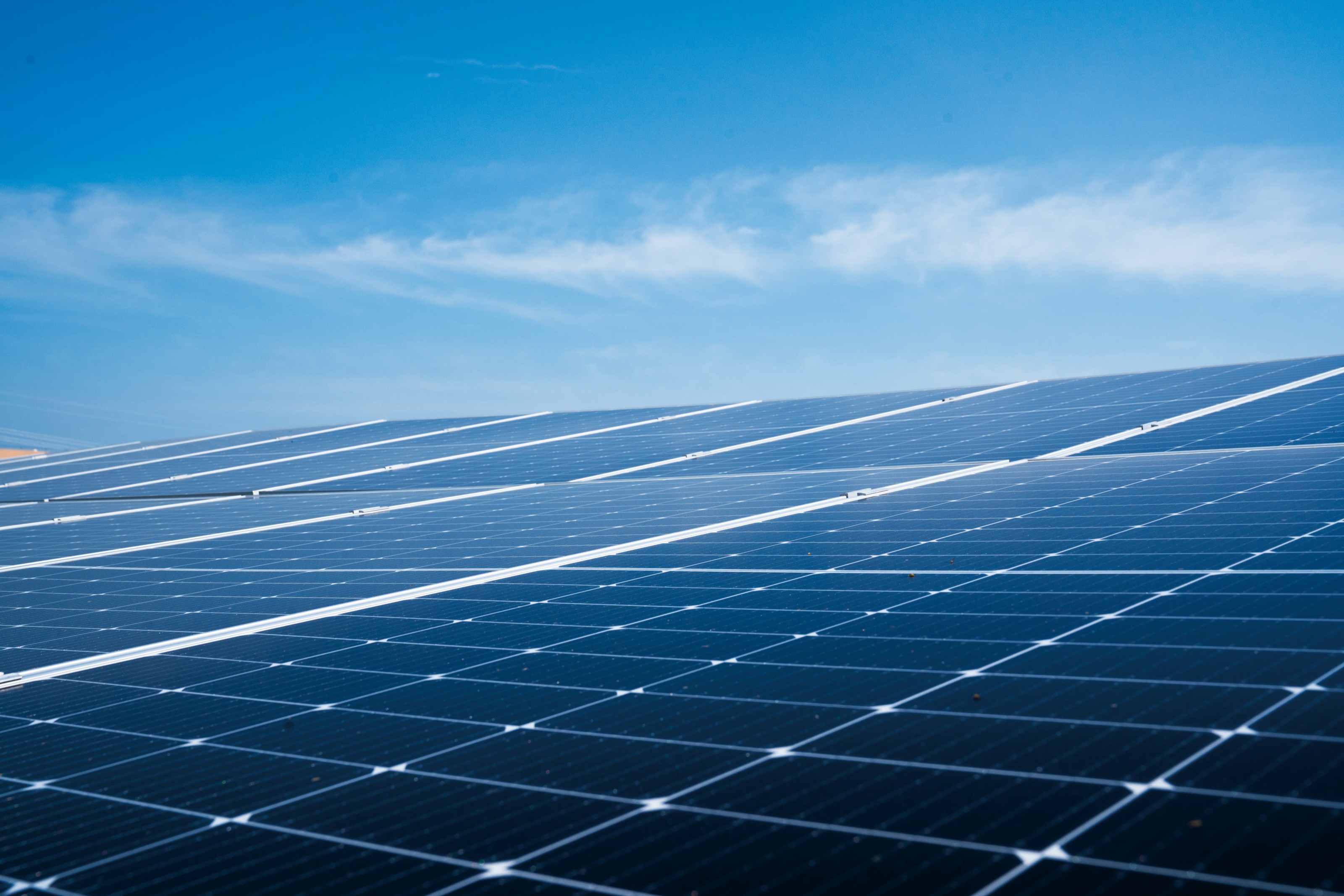 Rows of solar panels under a clear blue sky